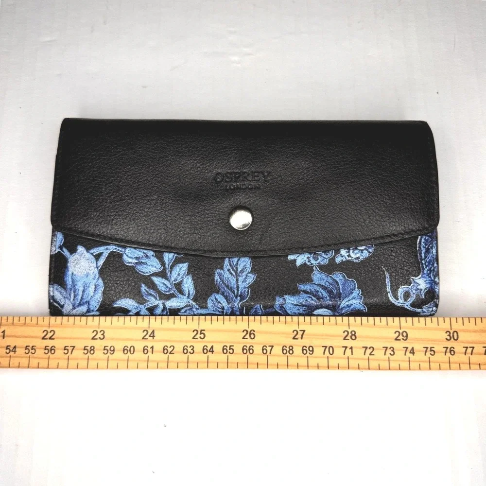 Osprey London Genuine Leather Wallet Clutch Blue Floral Print Snap‎ Closure